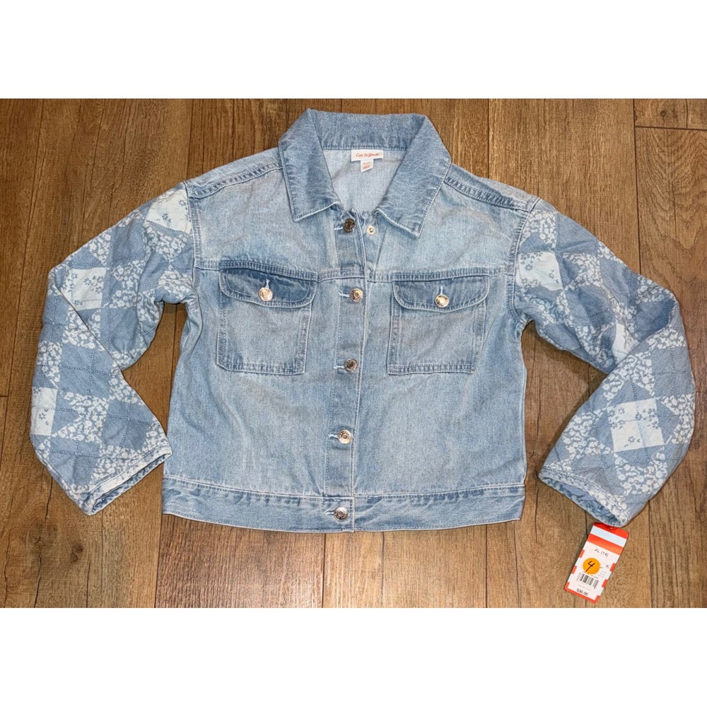Cat & Jack Girls Denim Jacket Quilted Patchwork Sleeves Light Wash XL 14